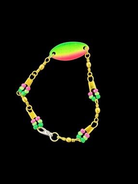 NEW Handcrafted Fishing Lure Swivel & Bait Neon Beaded Bracelet. Measures 7in